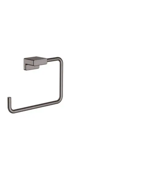 Handtuchring aus gebürstetem Schwarzchrom von Hansgrohe, mit quadratischem Halter und einem minimalistischen Design. An einer hellen Wand montiert.